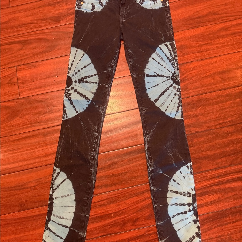 Robin's Jean Black Skinny Jeans with Light Blue Tie-Dye Medallions